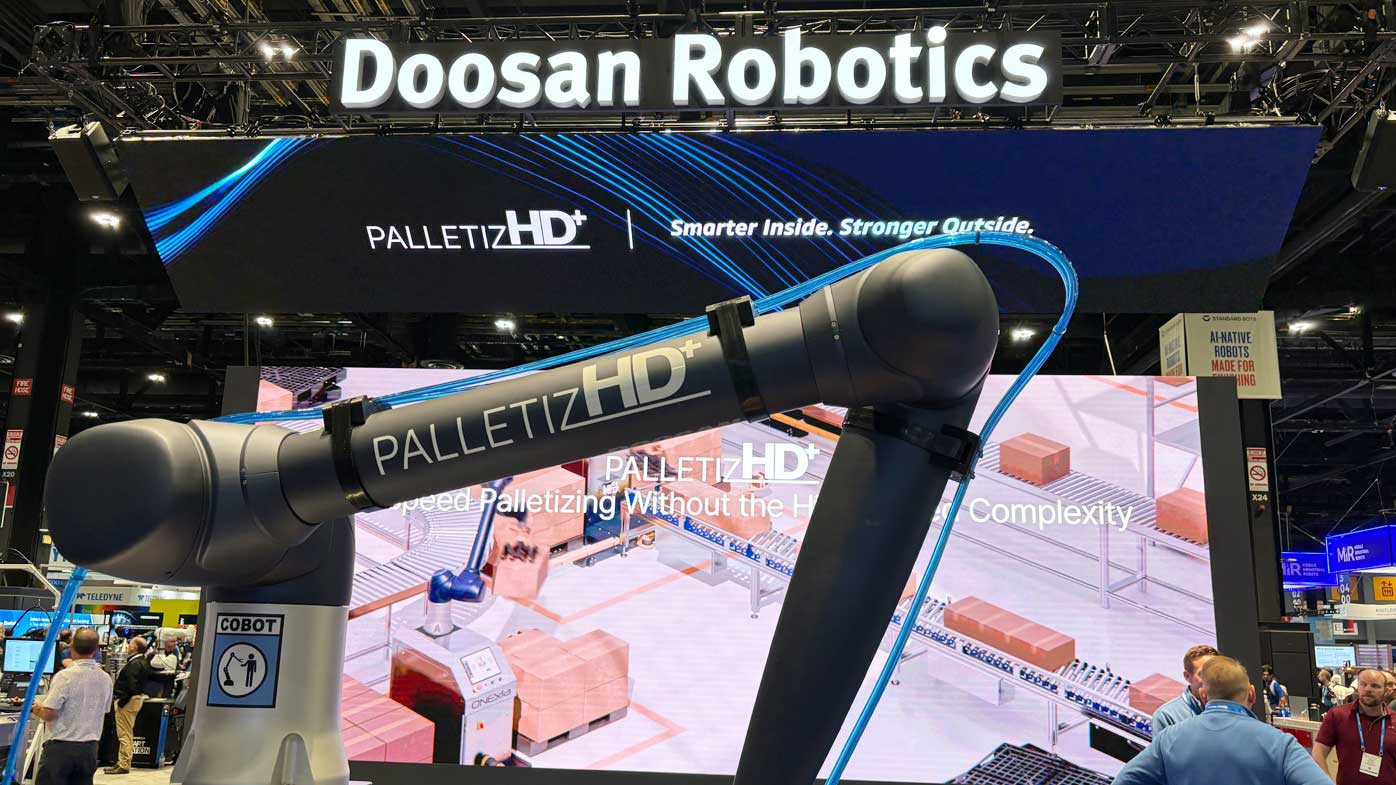 Doosan Robotics
unveiled the PalletizHD+ platform to simplify palletizing
applications. 