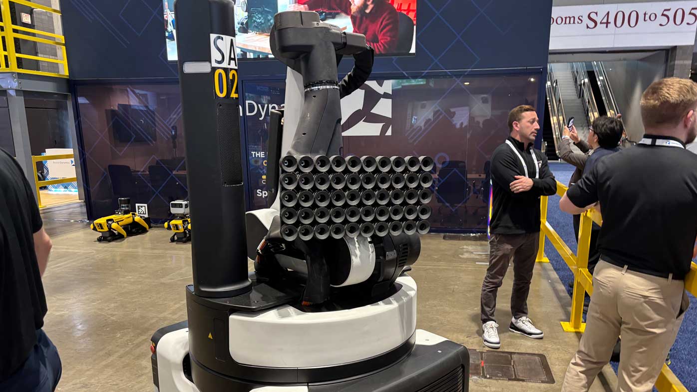 The Boston Dynamics
booth featured demos of the company’s most prominent robotics: Atlas, Spot and Stretch.