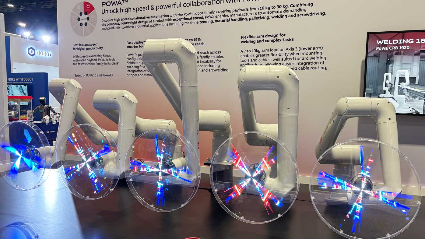 ABB Robotics showcased its expansive hardware and software portfolio. The company’s recently unveiled PoWa cobot family made its North American debut in Chicago. 