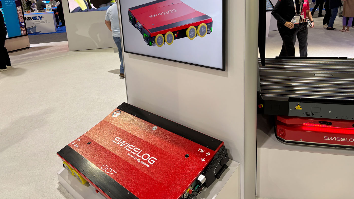 Swisslog's MODEX 2026 display featured a variety of hardware offerings, and its SynQ intralogistics platform.