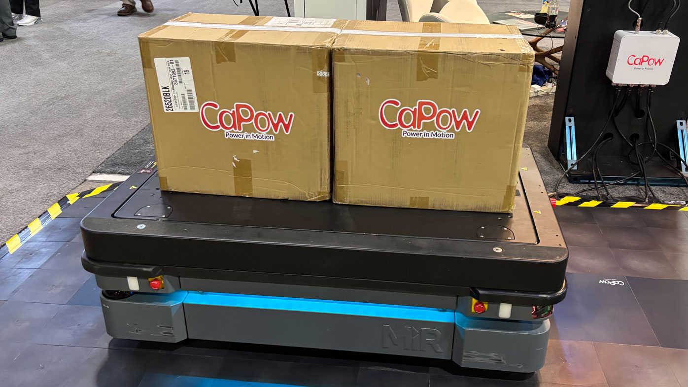 Wireless charging company CaPow demonstated how its Geneis technology charges AMRs while they move.