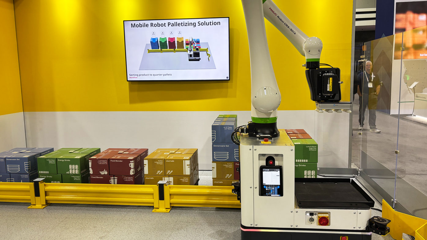 FANUC America showcased its mobile cobot offering, highlighting a palletizing deployment example.