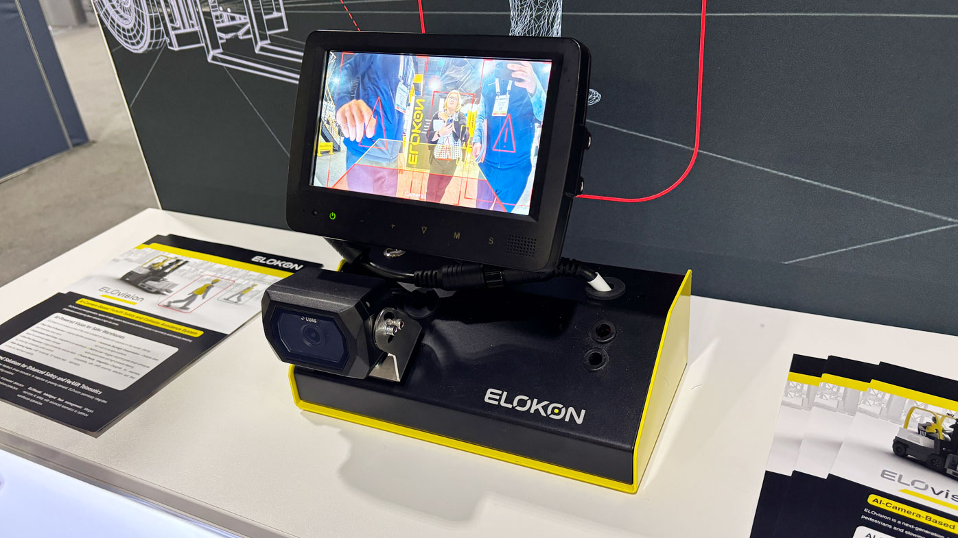 The ELOKON booth featured the company's portfolio of forklift safety technologies, including the ELOshieldAI platform.