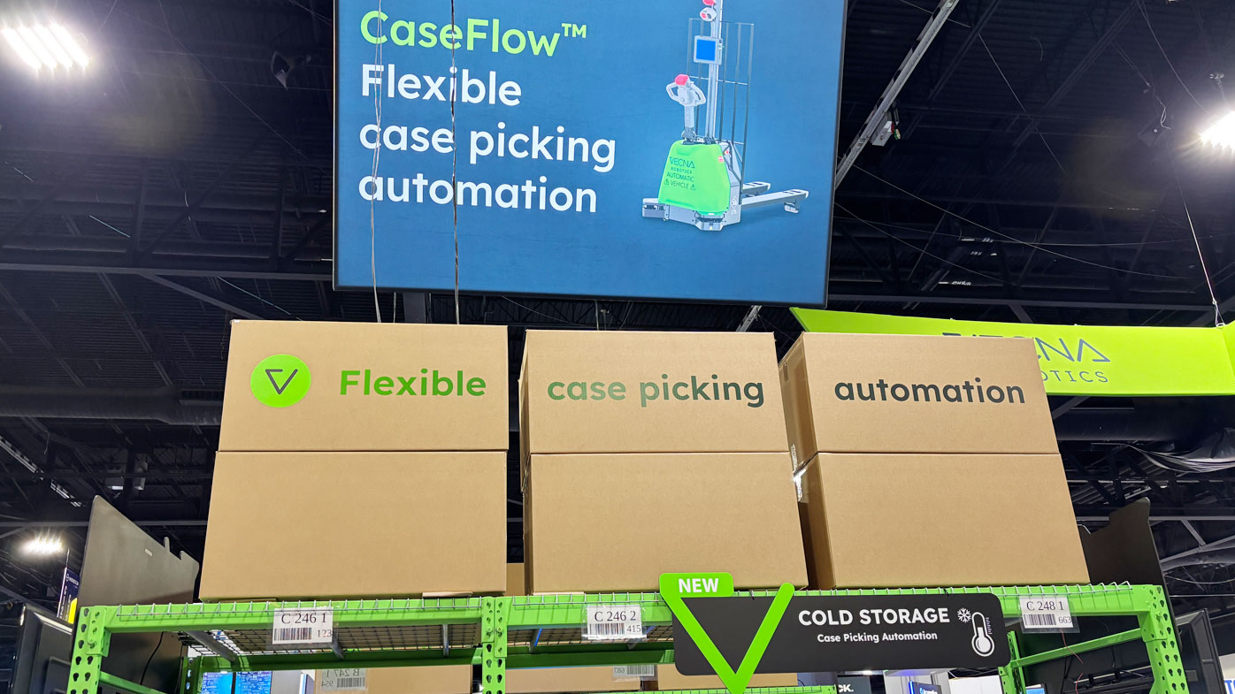 Vecna Robotics' case picking automation ran demos at its booth, and the company showcased the newly-announced CaseFlow Voice.