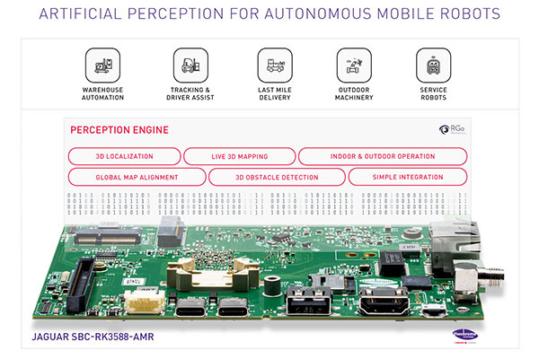 Theobroma Systems’ JAGUAR single-board computer for mobile robots will support RGo Robotics’ Perception Engine machine vision software.