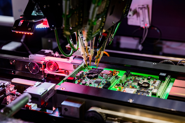 Robots can automate electronic circuit board production and computer chip fly testing.