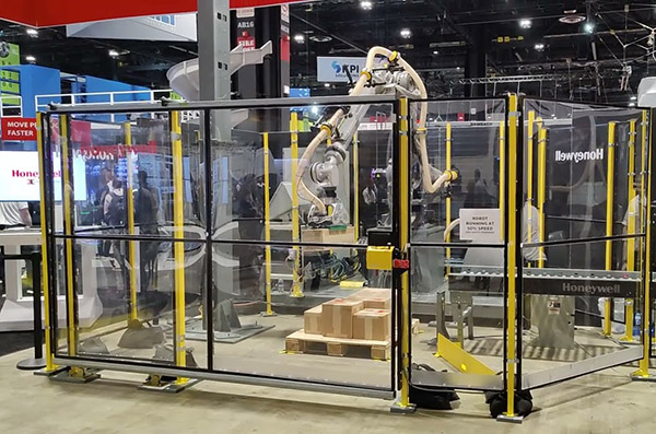 Honeywell demonstrated its smart palletizing robot working with a pallet-moving AMR from OTTO Motors.