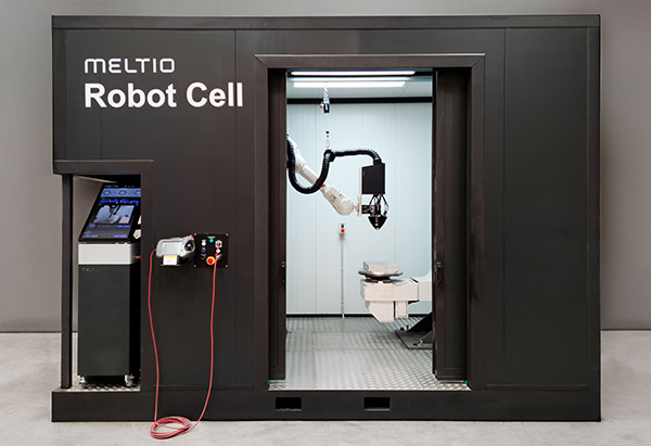 Meltio Robot Cell with an ABB robot, but it can also work with other robot arms.