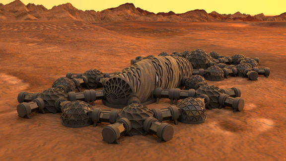 A rendering of how 3D-printed habitats might look on Mars (image courtesy of Autodesk).|Prototype barriers manufactured with 3D printing, possibly for Mars (image courtesy of Autodesk).