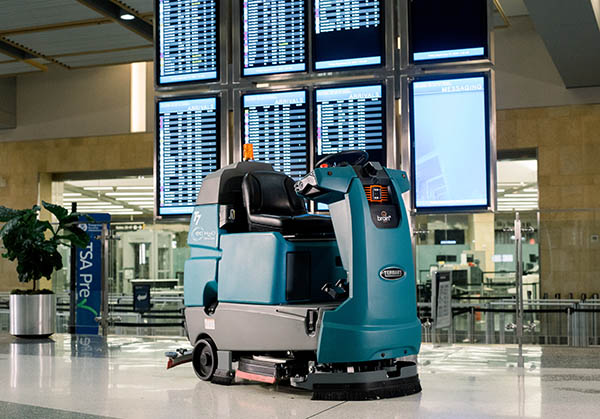 Brain Corp's BrainOS powers robots such as this Tennant floor cleaner and will run in the Google Cloud.