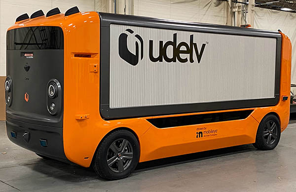 Udelv said its Transporter uses Mobileye's Drive self-driving system and can carry up to 2,000 lb. of cargo and make up to 80 stops per run.