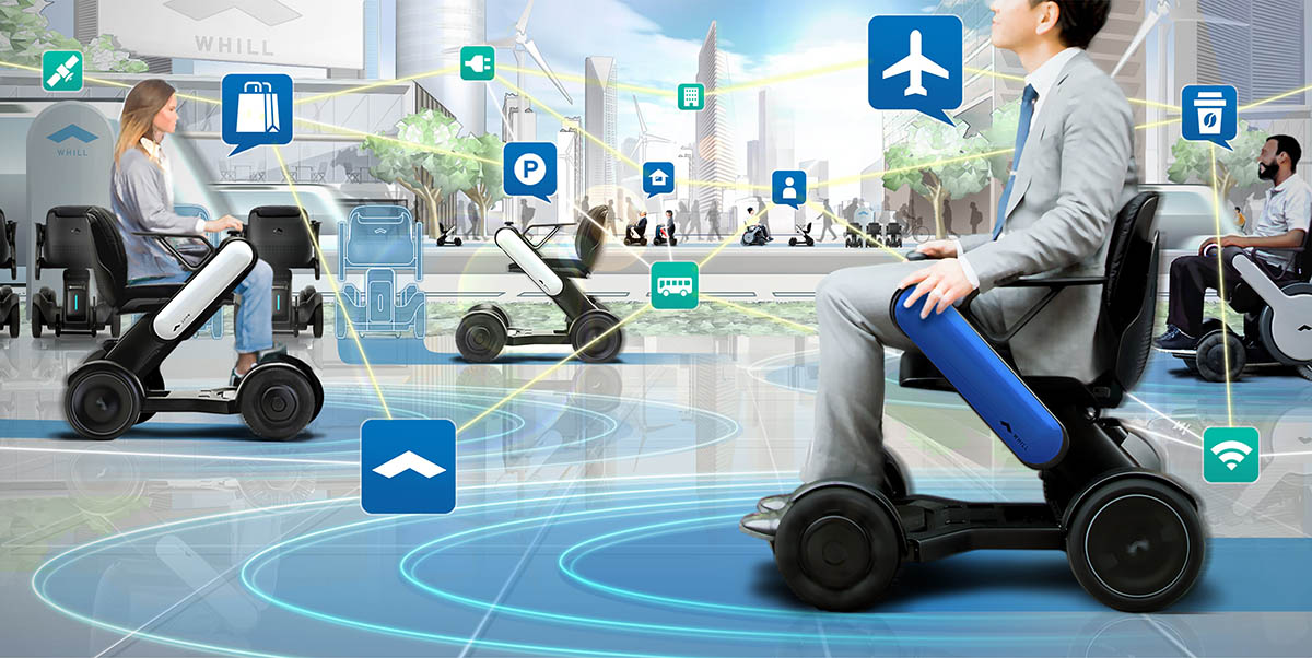 A graphic of WHILL's vision of its autonomous wheelchairs at airports