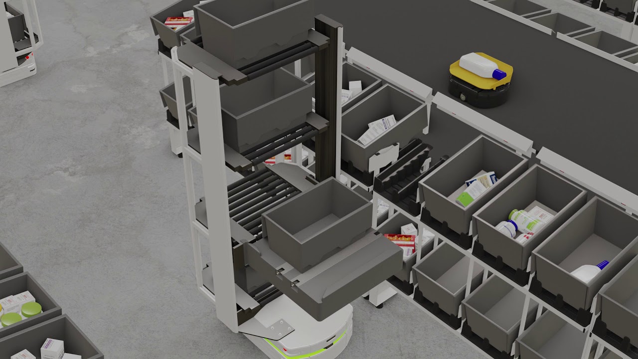 Tompkins Robotics' fully automated unit-sortation system can be paired with its tote exchange robot to reduce the costs of distribution in a fulfillment center. 