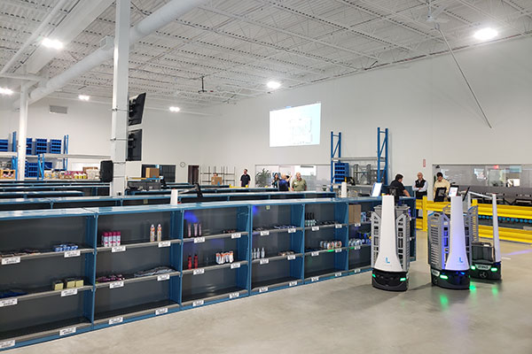 Locus Robotics’ Demonstration Center comprises all the essential elements of a full-size product warehouse, with lower height shelves that allow visitors to more easily see operations.
