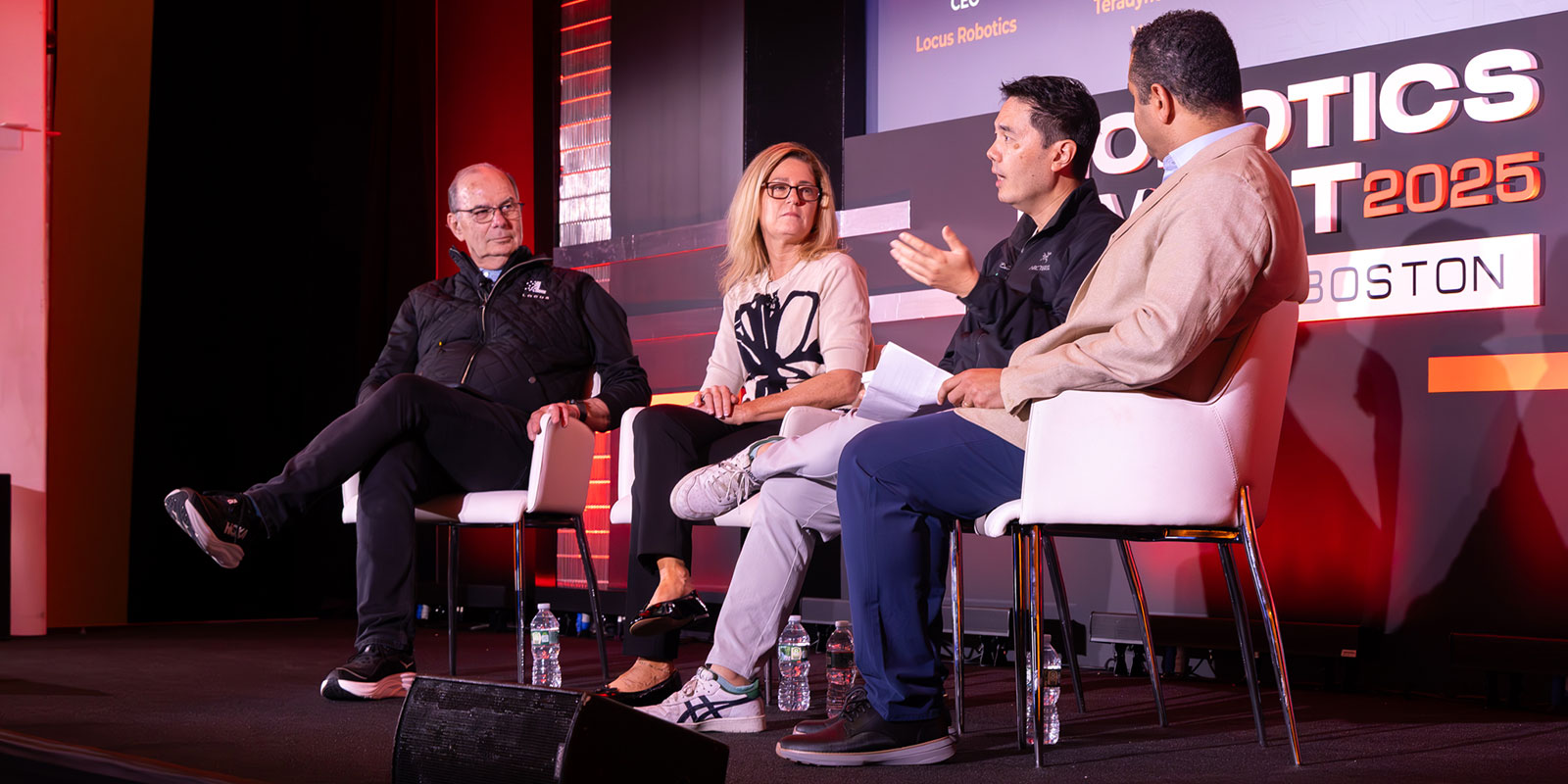 The 5 W’s of Investing In Robotics (Including Humanoids) - Rick Faulk, Locus Robotics CEO; Dina Routhier, Teradyne Robotics Ventures managing director; and Haomiao Huang, Matter Venture Partners founding partner, moderated by Saad.
The panel discussed the importance of selecting a specific use case (not just a technology), building advisory boards with previous founders and domain experts, meeting KPIs and ROI expectations for customers, RaaS vs CapEx, and why humanoid robots work best with wheels, either as mobile manipulation robots (MMRs) themselves or integrated in a workflow with an AMR. 

Photo by Donald Halsing | Peerless Media
