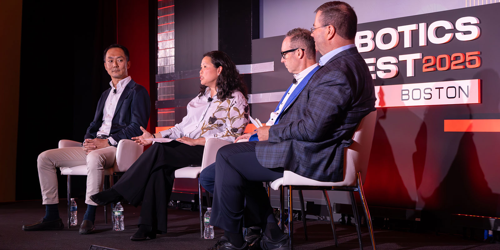 How Robotics Is Disrupting Traditional Industries: Agriculture, Construction and Manufacturing - Koji Hasegawa, Kubota Corporation GM of Silicon Valley innovation center; Jit Kee Chin, Suffolk Construction & Suffolk Technologies CTO & managing partner; and Miles Arnone, Re:Build Manufacturing CEO; moderated by Mark Martin, Cybernetix Ventures co-founder & general partner.
The panel discussed challenges and opportunities for robotics adoption in these market segments, including conveyance from picking to staging areas in agriculture, bundling foundation layout marking tasks in construction, the increase of high-mix, low volume production runs in manufacturing, and, of course, why it’s unlikely we will see humanoids deployed in the near future in these industries. 

Photo by Donald Halsing | Peerless Media