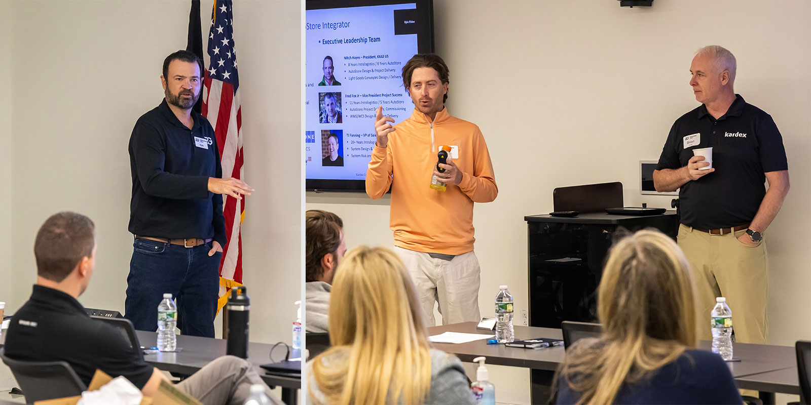 Kyle Fisher, Berkshire Grey VP of partnerships; Sam Shuman, Kardex account manager and customer development; and Brian Quigley, Kardex sales manager, provide an introduction to BG and Kardex before the tour.

 

Photo by Donald Halsing | Peerless Media