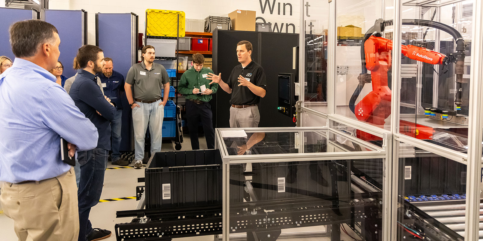 Jeff Kittredge, Berkshire Grey principal engineer, explains the AutoStore CarouselAI robotic pick cell to attendees.

Photo by Donald Halsing | Peerless Media

 

