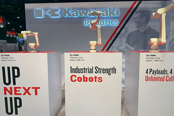 Kawasaki’s new lineup of cobots and its large industrial robot arm were featured prominently at their Automate booth.