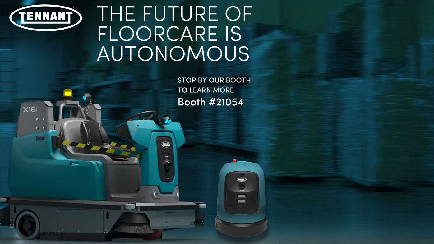 At the core of Tennant Company’s AMR lineup are three ride-on robotic scrubbers: the T7AMR, T380AMR and T16AMR. These machines are powered by advanced vision-based AI technology and offer dependable, repeatable cleaning results in busy, dynamic environments. The T7AMR, Tennant’s first autonomous scrubber, is built for large commercial spaces and remains a trusted choice for organizations seeking to automate routine cleaning with minimal operator oversight. The T380AMR robotic floor scrubber brings greater maneuverability, enabling effective cleaning in tight aisles and narrow spaces. The T16AMR robotic scrubber is engineered for large logistics, warehousing and manufacturing facilities requiring heavy-duty, high-capacity cleaning performance. Tennant expanded its autonomous lineup with the launch of its purpose-built ROVR platform, offering small to mid-size robotic scrubbing with the X4 ROVR, and the X6 ROVR mid-sized autonomous scrubber for larger and more complex spaces. Tennant Company, tennantco.com, Booth 21054