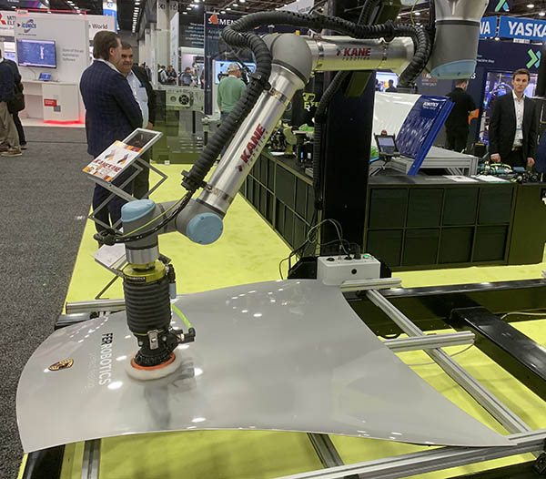 At Automate, FerRobotics partnered with Kane Robotics to showcase its ACF-Kit end-of-arm tooling (EOAT) for sanding and polishing tasks. Using Kane’s GRIT system, which includes a Universal Robots cobot arm for composites sanding, FerRobotics’ end effector dynamically polished a hood of a car. 

“One of the challenges we’re focusing on is material removal,” Alan Hiken, chief operating officer at Kane Robotics, told Robotics 24/7. ” “FerRobotics provides high-end end-of-arm tooling for the automotive industry. It’s confirmation that our partners are starting to get more comfortable with representing this technology with their own product lines and applications.” 



Kane Robotics also partnered with Applied Automation and ATI Industrial Automation at Automate. Applied Automation showed Kane Robotics’ GRIT XL system, which it said was designed for polishing larger items like aerospace parts.

ATI Industrial Automation, on the other hand, displayed Kane’s smaller system – the GRIT ST cobot. ATI used the robot with its ATI CGV welding grinding tool and 3M’s Cubitron II abrasive media. 