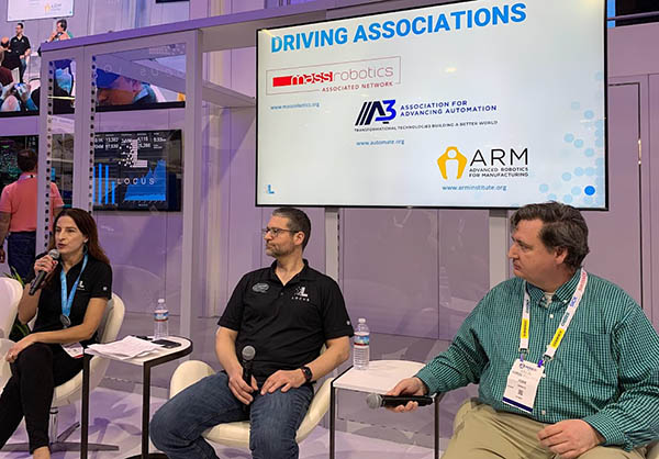 ​Last but not least, growing numbers of robots of all kinds in warehouses demand ways of managing them, regardless of manufacturer.

“FedEx wants to use lots of robots, where we don’t have to worry about them communicating,” said Aaron Prather (above, right), senior technical advisor at FedEx Express, on another panel hosted by Locus Robotics.

“There’s going to be heterogeneous fleets, and the MassRobotics interoperability standard isn’t about any one company having control; it’s looking at shared resources,” noted Jason Walker (center), founder of Waypoint Robotics and now vice president at Locus.

Work is continuing on the MassRobotics standard, which was first demonstrated at A3‘s AMR and Logistics Conference last year, said Walker and Theobald. Multiple industry and government parties are interested, and more companies are welcome to join the effort, they added. 