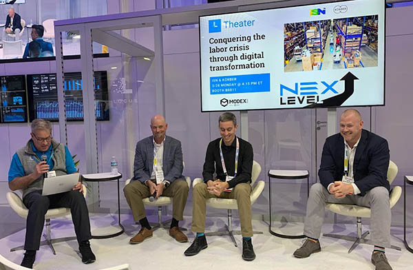 ​Software and AI are becoming as essential to supply chains as AMRs and WMS.

RIOS noted that the robotics-as-a-service (RaaS) model can help warehouses get started with increasing productivity and augmenting scarce labor.

Softeon touted its range of software and services for warehouse management, while Rajant explained how its wireless mesh makes communications more reliable.

SVT Robotics claimed that its SOFTBOT platform can ease integrations and deployments of robots and other technologies.

Speaking of integration, Körber Supply Chain Vice President John Santagate (far right) took to the stage to discuss how his firm worked with ISN to successfully deploy LocusBots in its operations.