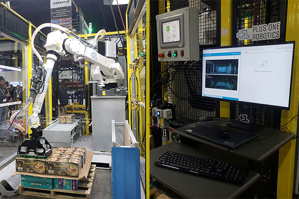 CEO Erik Nieves said Plus One Robotics gets its name from its service model: one person can remotely monitor many robots, intervening in seconds rather than minutes when a problem occurs. On the left a robot arm depalletizes and inducts mixed SKUs onto rollers, demonstrating the company’s updated product features. At right is Plus One’s Yonder remote monitoring system connected to the work cell.