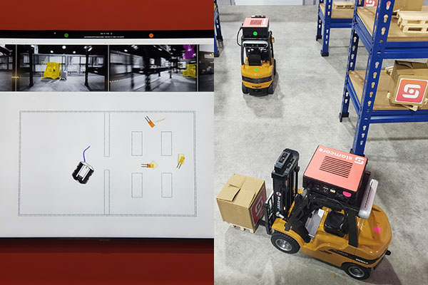 Slamcore showcased its new Slamcore Aware system, which performs simultaneous location and mapping (SLAM) for manually operated forklifts. On the left is a display of the map created by Slamcore Aware software. On the right are scaled-down forklifts sporting Slamcore Aware hardware.