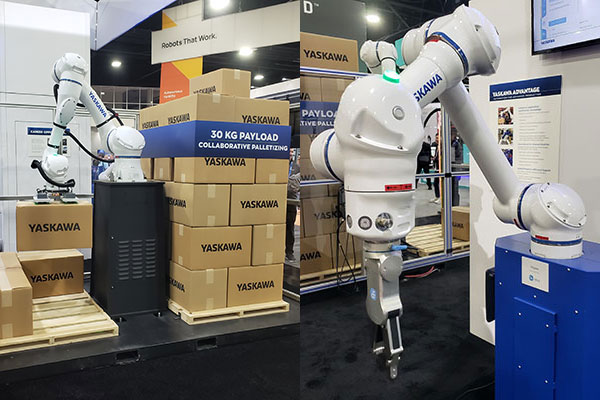 In addition to a parcel induction setup incorporating Plus One Robotics machine vision, Yaskawa Motoman showcased two collaborative robot arms. On the left is an HC30PL in a work cell performing palletization and depalletization. At right is an HC10 workstation equipped with a Smart Pendant and Pallet Builder software.