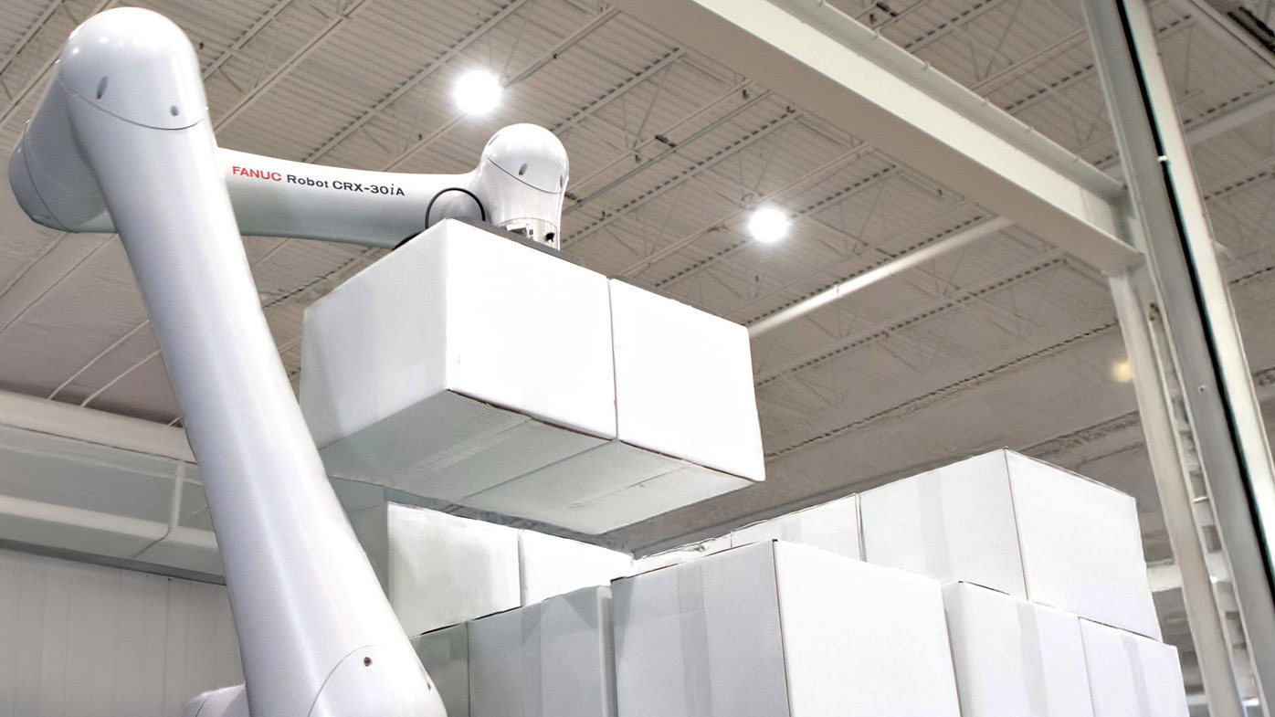FANUC is showcasing the CRX-30iA mobile manipulator, demonstrating palletizing with a fully integrated robotic AMR system engineered for warehouse, fulfillment and distribution environments. This system takes on ergonomically challenging jobs that traditionally put strain on employees while delivering high throughput. AI-driven perception tools, including payload estimation, box-locating vision and barcode-based decision logic, allow the CRX-30iA and 600 AMR from OTTO by Rockwell Automation to adapt automatically to varied box sizes, pallet conditions and routing requirements. The system’s intelligent safety architecture uses area scanners and smart speed control to maintain high-speed operation when the area is clear and slows automatically when workers approach - enabling safe, fenceless collaboration. The demo combines the high-payload CRX-30iA collaborative robot with the OTTO 600 AMR to pick, weigh, transport, palletize and sort boxes. The CRX-30iA operates at its top collaborative speed, while the AMR can travel up to 2 meters per second to support efficient intralogistics performance. FANUC, fanucamerica.com, Booth B8923