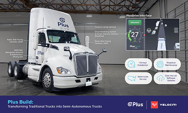 Self-driving trucking company Plus earlier this week said it was working with enterprise technology company Velociti on its new program that turns regular Class 8 freight trucks into semi-autonomous vehicles in less than a day. 

Plus said the trucks are equipped with its proprietary autonomous driving software along with, lidar, radar and camera sensors. The company said the program is being offered nationwide. 

“Partnering with Plus to provide our services as an important part of the PlusDrive solution leverages Velociti’s decades of experience deploying and maintaining innovative fleet technologies,” said Ryan Powell, senior vice president at Velociti in a statement. “We are excited to enter into this strategic partnership to help PlusDrive customers realize the benefits this transformational technology brings to their businesses and to the transportation industry.” 